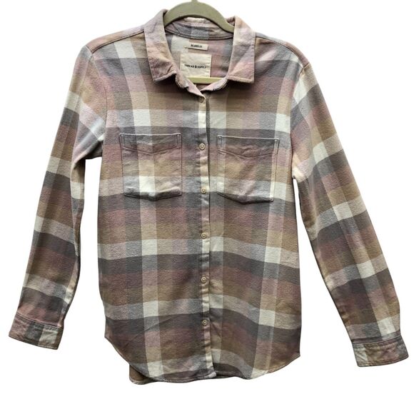 Thread & Supply Shirt Shacket Womens S Pink Gray‎ Plaid Button Up Soft Flannel - Picture 1 of 11